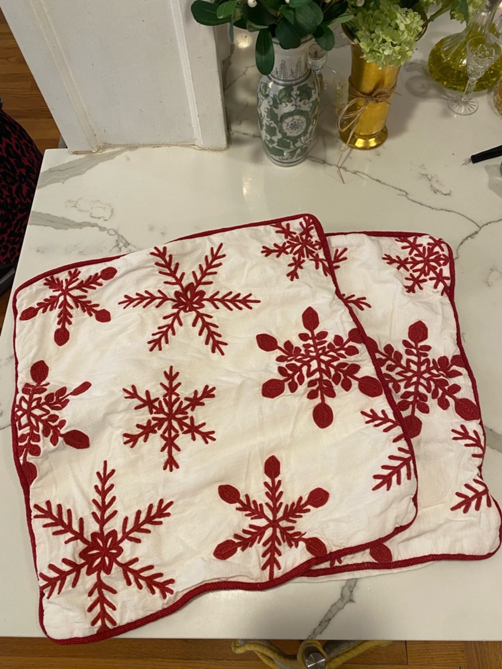 Two Festive cotton Red Embroidery SnowflakePillow Covers with zipper